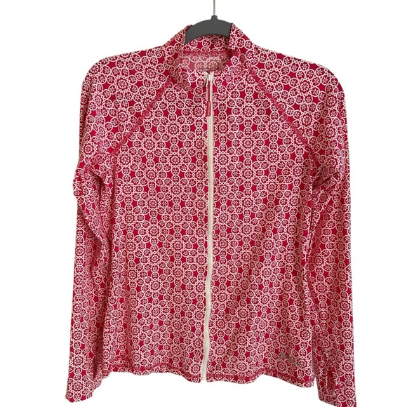 Solumbra Womens XS Zip Up Pink Print Sun Protection Shirt Top UPF 100+ Thumbhole - Picture 1 of 7